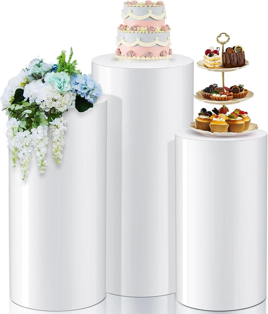 3 Pcs Cylinder Stands for Party, Large White Cake Pedestal Stand, 23.6''H, 21.7''H, 19.7''H, Round Reusable Dessert Display Tables for Birthday Wedding Baby Shower Party Decoration