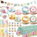 162 Pcs Floral Paper Tea Party Supplies Disposable 9 oz Tea Cup with Handle Flower Plates Napkin Cupcake Topper Decoration Banner Plastic Tablecloth for Birthday Wedding Bridal Baby Shower