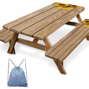 Sunflower Wooden Picnic Table Cover with Bench Covers, Rustic Summer Floral Farmhouse Outdoor Camping Essentials 6FT 3PCS Fitted Rectangle RV Must Haves Tablecloth with Drawstring Bag, 72x30 inches