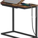 TUTOTAK C Shaped End Table with Charging Station, Tilting Laptop Stand Side Table, Under Couch Table for Living Room Bedroom, Brown TB01BB090