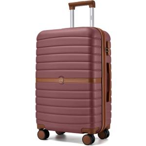 Kono Expandable 24 Inch Luggage with Spinner Wheels, Medium Checked Luggage with Lock, Lightweight & Anti-Scratch PC+ABS Hardshell Travel Suitcase, Burgundy/Brown