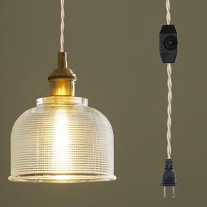 Plug in Glass Pendant Light Dimmable, Vintage Hanging Lamp, Antique Pendant Lighting Hanging Light with Plug in Cord for Kitchen Living Room Bedroom Dining Room, Adjustable, E26 (Horizontal Stripe Clear Glass)