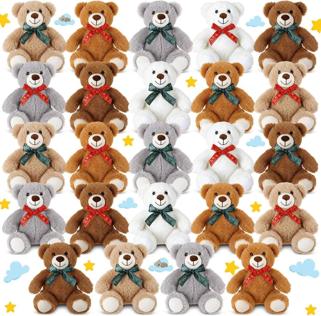 Jerify 50 Pcs 13.7 Inches Christmas Bears Bulk Bear Stuffed Animals Plush Toys with Ribbon Bow Soft Cute Dolls Gift Xmas Toys for Birthday Wedding Home Party Favors Decorations,(Elegant)