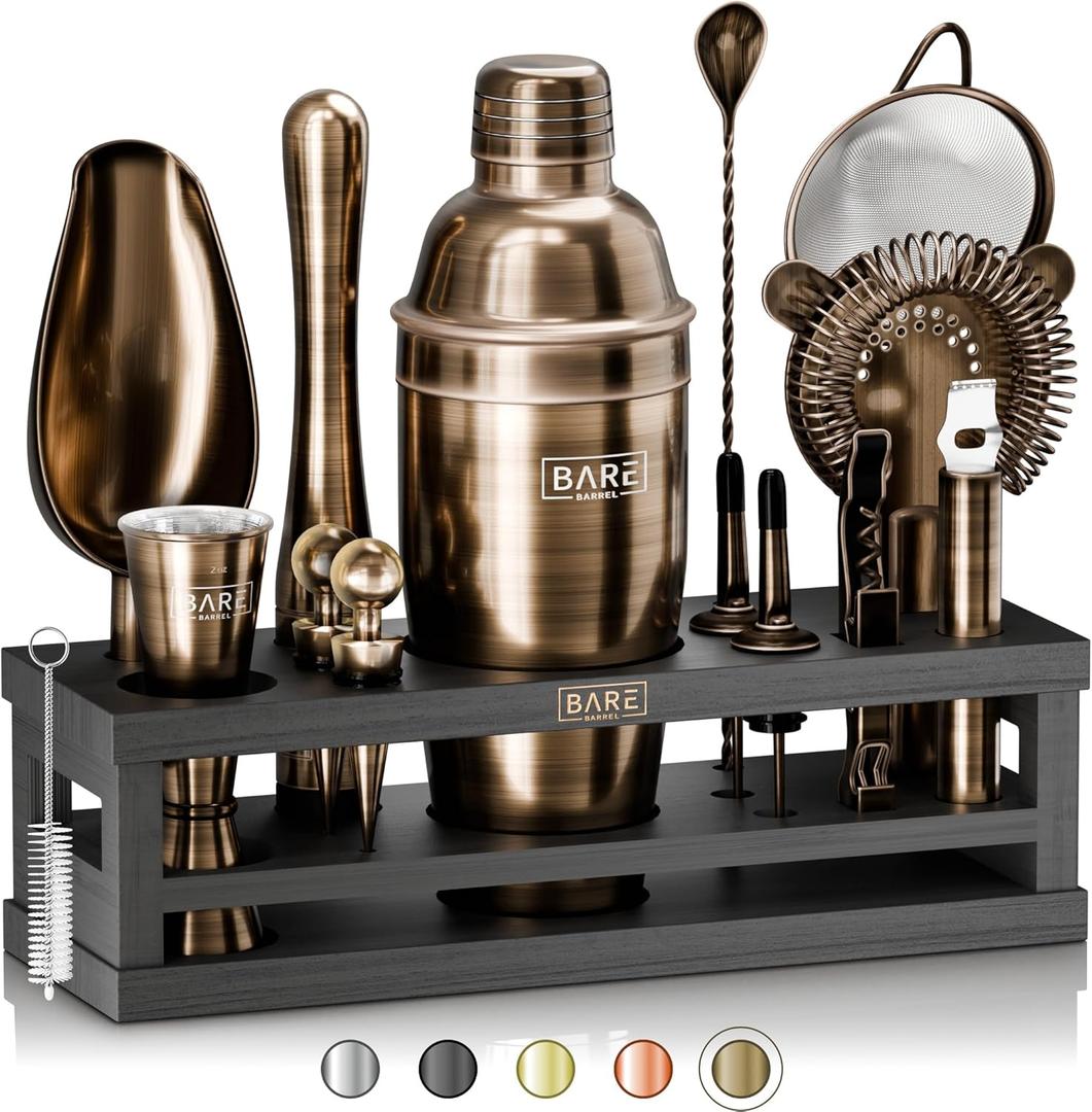 BARE BARREL Mixology Bartender Kit Bar Set | 16-Piece Cocktail Shaker Set | Martini Barware Mixing Tools for Home Bartending | Incl. 35 Recipe Cards | Gift Set (24oz Cobbler Shaker, Brass/Black)