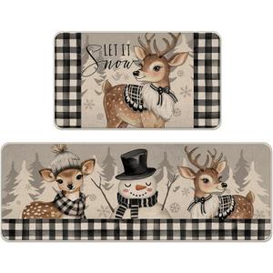 Livcoz Winter Reindeer Snowman Kitchen Rugs Set of 2, Let It Snow Pine Tree Buffalo Plaid Floor Mats Home Decor, Farmhouse Christmas Snowflake Door Mat Decorations - 17x29 and 17x47 Inches