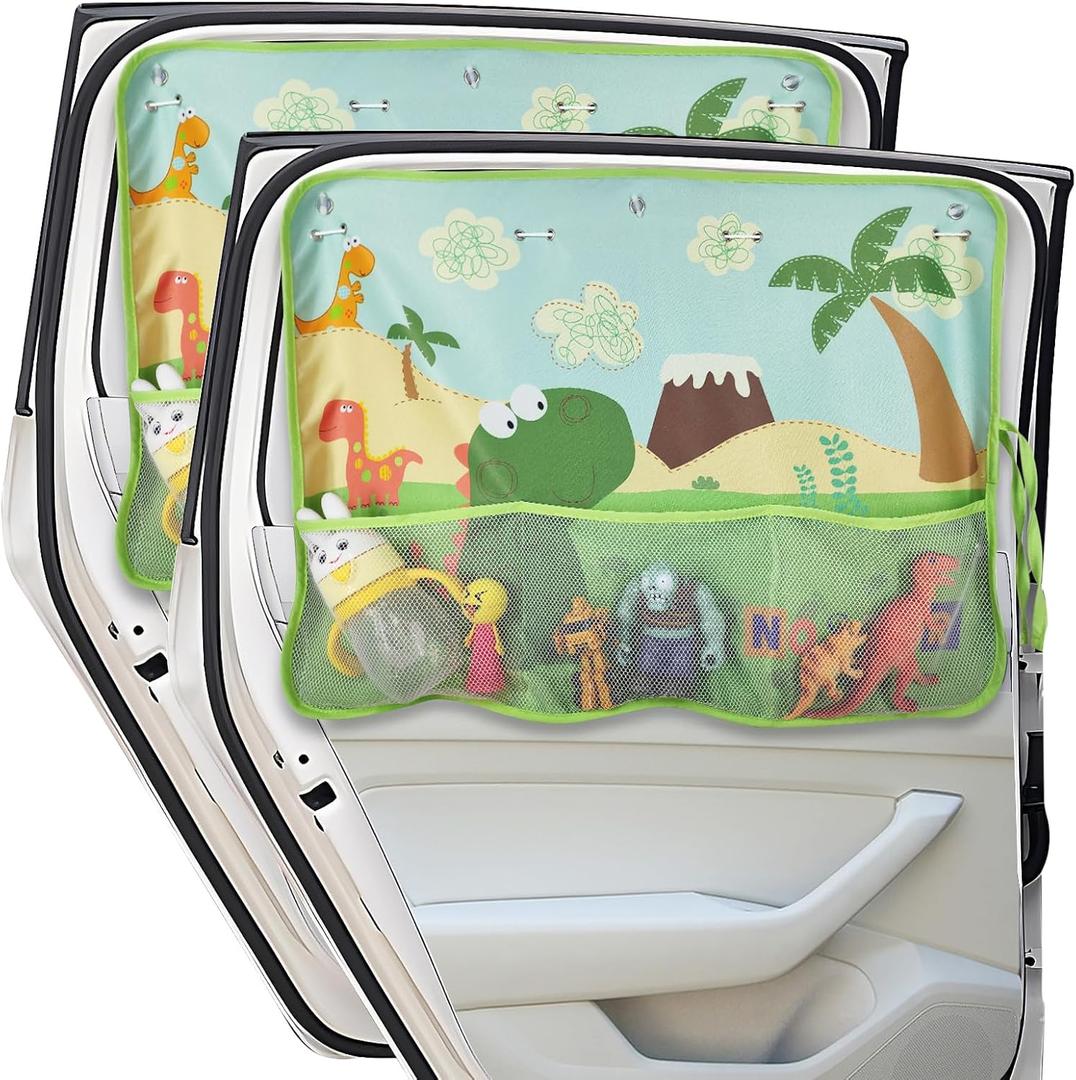 Car Window Shade for Baby, 2 Pack Car Sun Shades with Storage Pockets Car Window Curtain 7 Suction Cups Dinosaurs Pattern for Sun/Heat/UV Rays Protection