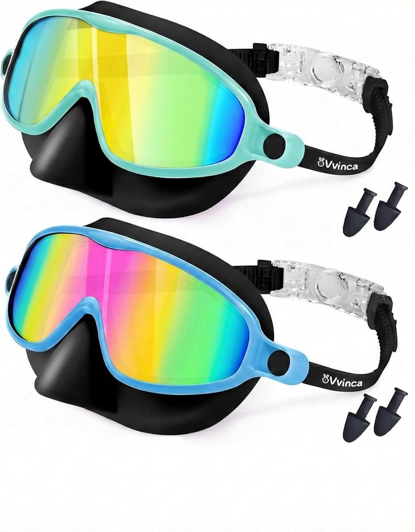 Vvinca Swim Goggles with Nose Cover, 2 Pack Wide View Diving Mask Anti-Fog UV No Leak Toddlers Swimming Goggles for Kids 3-15