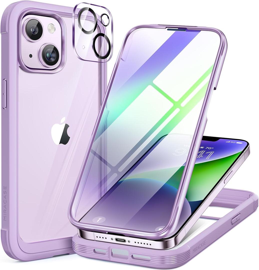Miracase Designed for iPhone 14 Case 6.1 inch, [Built-in Tempered Glass Screen Protector] [Bubble Free] Full-Body Protective Bumper Phone Case with Camera Lens Protector, Purple