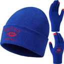 Classic Vintage Football Embroidery Beanie,Fasion Hat Cuffed Winter Comes,With Warm Gloves,Gifts for Men Women Fans (Blue)