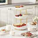 Fruit Bowl for Kitchen Counter - 3 Tier Ceramic Fruit Basket with Gold Metal Stand, Fruit Holder for Snacks, Nuts, Cakes, Desserts, Bread, Candy Storage, 10.6"L x 7.5"W x 14.2"H