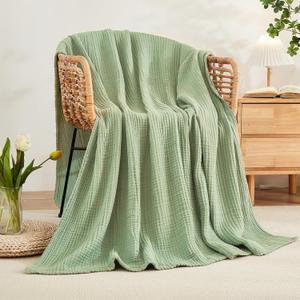 EMME Cotton Throw Blanket for Couch Soft Airy Muslin Bed Blankets Lightweight Breathable Blanket All Season Gauze Blanket, Sage Green (Twin)