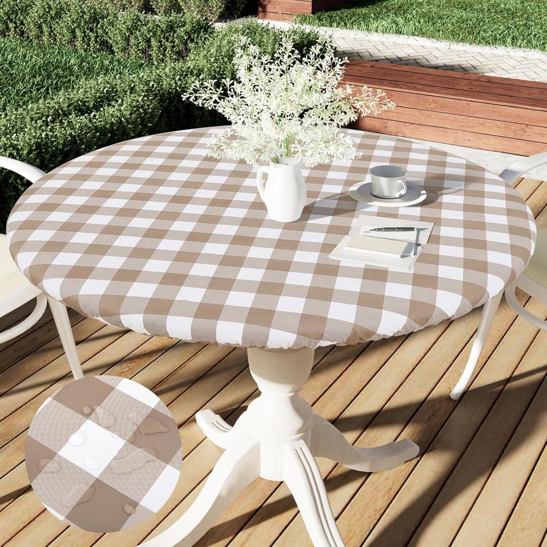 Smiry Round Picnic Table Cloth, Elastic Waterproof Fitted Vinyl Tablecloth for 36"-44" Tables, Flannel Backed Buffalo Plaid Table Covers for Dining, Camping, Outdoor, White and Khaki