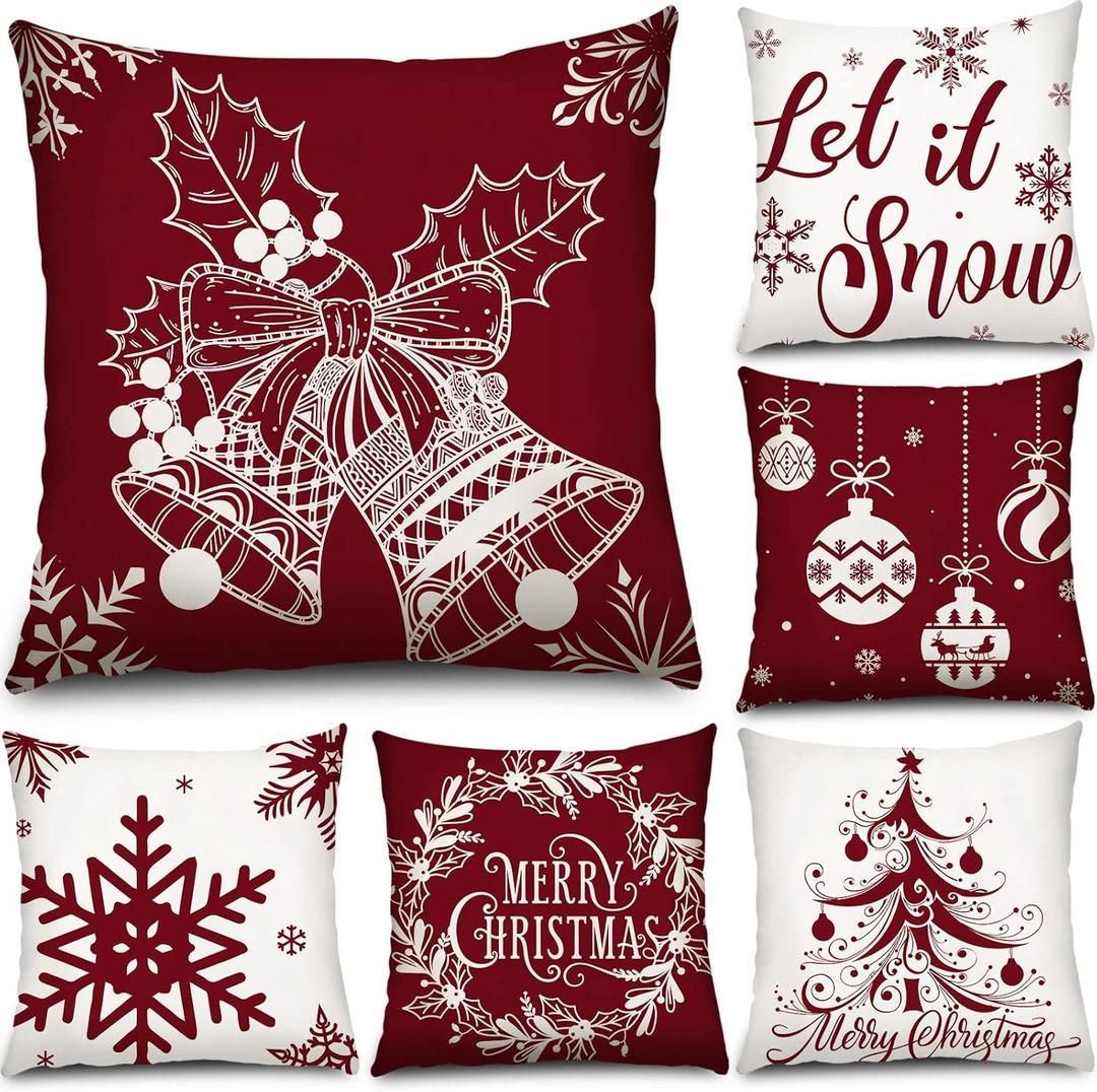 Tatuo 6 Pcs Christmas Pillow Covers Cushion Covers Decoration Christmas Pillow Cover Holiday Decor Throw Pillow Case for Sofa Couch Christmas Office Bedroom Decorations (Warm Style,18 x 18 Inch)