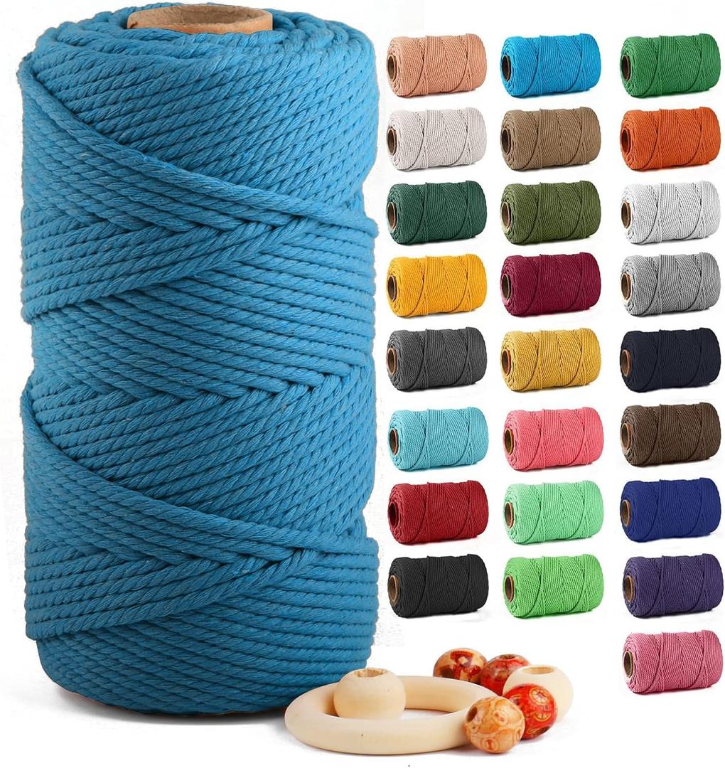 Macrame Cotton Cord 5mm x 109 Yards, ZUEXT 100% Natural Handmade Colorful 4 Strands Twisted Braided Cotton Rope for Wall Hanging Plant Hangers Gift Wrapping Tapestry DIY Crafts(100m, Peacock Blue)