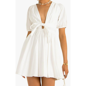Women's Cute Summer Short Puff Sleeve Tie Cotton Mini Dress, XS