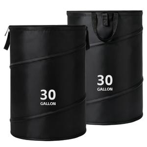 2 Pack Collapsible Pop up Trash Cans for Camping 30-Gallon Garbage Can Portable Reusable Garbage Waste Bin with Zippered Lid and Bag Clips for Camping, Travel, Rv and Outdoor Use