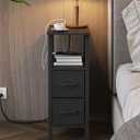 Narrow Side Table for Small Spaces, Skinny End Table with Charging Station, Sofa Beside Table with 2 Fabric Drawers and 1 Open Compartment, Slim Nightstand with USB Ports Outlet, Black UTBT004B