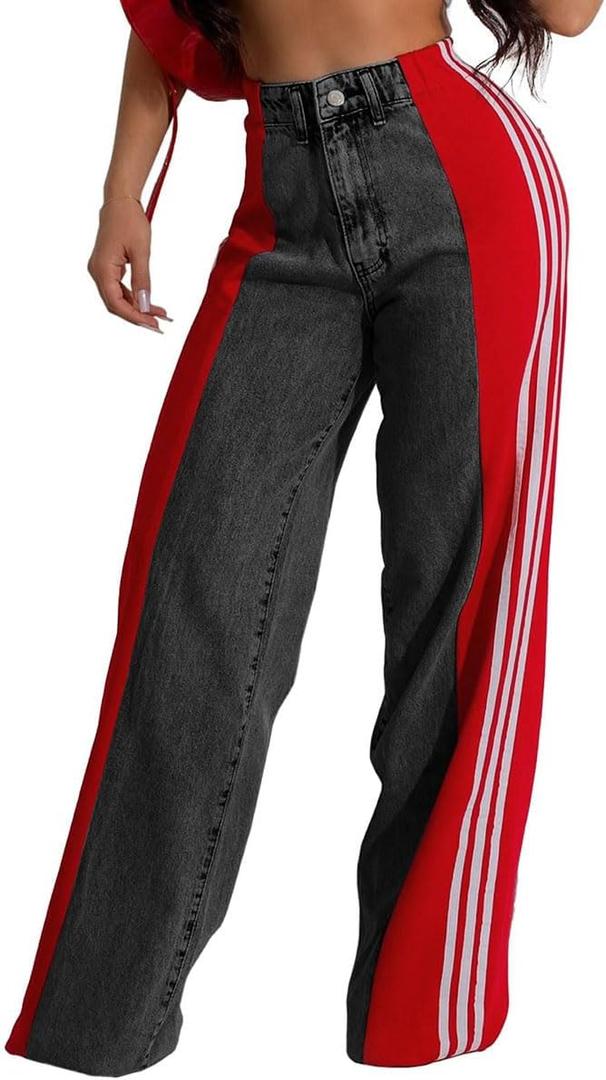knowfashionstyle Womens Jeans High Waisted Wide Leg Patchwork Stripes Stretchy Jean Color Block Straight Trendy Demin Pants (Small, 1- Black Red)