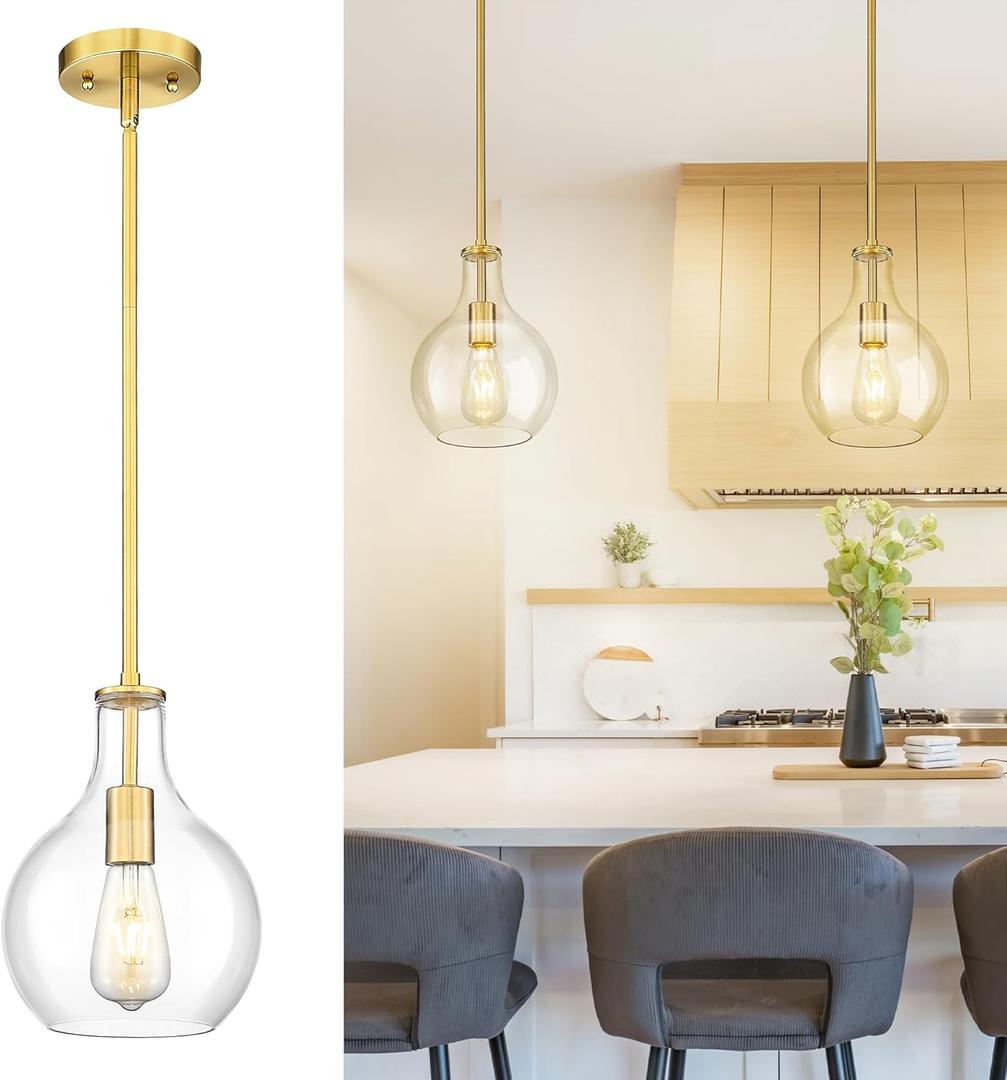 Emak Modern Brushed Gold Pendant Light, 8 Inch Pendant Lights Kitchen Island with Clear Glass Shade, Modern Hanging Light Fixture for Kitchen, Bathroom, Bedroom, Dining Room, PL125-BGD
