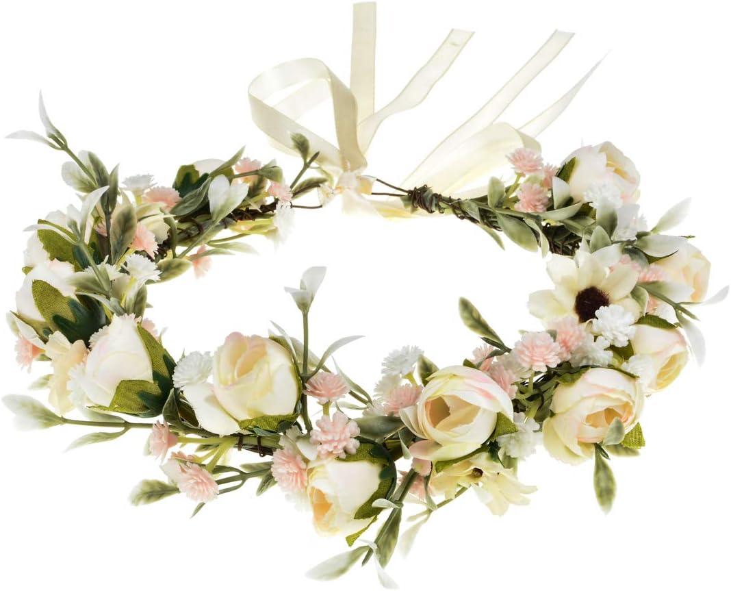 Floral Fall Camellia Flower Crown Rose Headpiece Wedding Bridal Flower Girl Halo Maternity Photo Props FL-03 (Ivory Flower With Babysbreath)