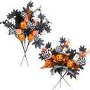 6 PCS Halloween Decorations, 19.5 Inch Artificial Flower Stems Halloween Branches with Eucalyptus Pumpkins Leaf Ghost&Bat Accents, Festive Ornaments and Picks, Holidy Black Table Centerpieces Decor
