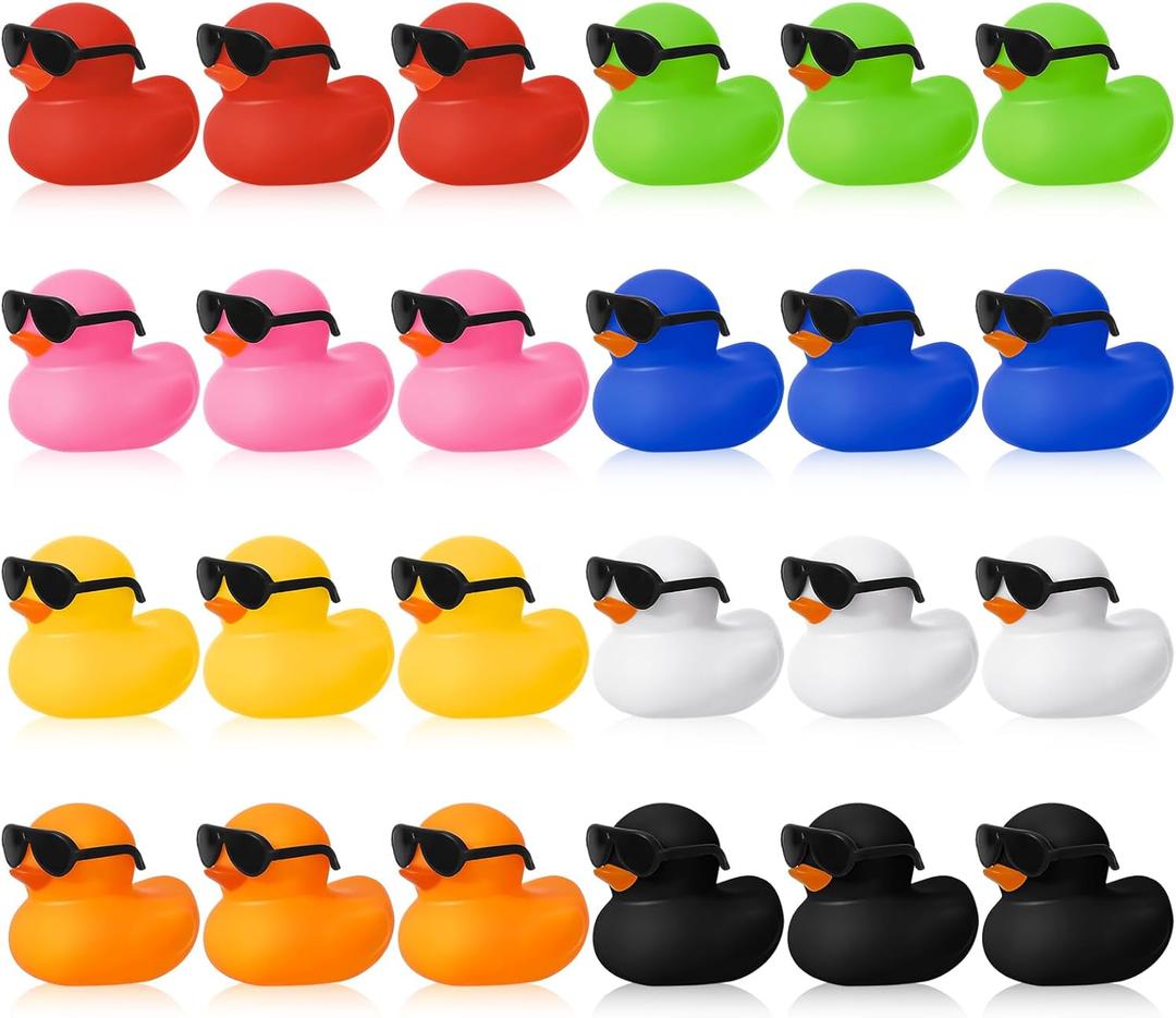 24 Set Mini Rubber Ducks with Sunglasses, Tiny Bath Rubber Ducks Bulk for Car Dashboard Decorations Cruise Birthday Party Favors (Multicolor)