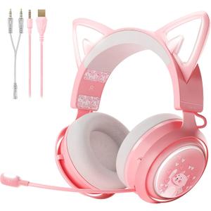 SOMIC GS510 Gaming Headset, Cat Ear Headset PC Gaming Headphones with Retractable Mic Noise Cancelling, Stereo Sound, DIY Face Covers for PC, PS4, PS5,Xbox One(Only White LED Light)-Pink