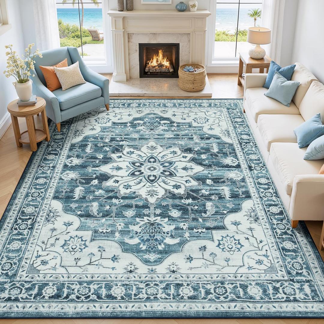 8x10 Area Rugs for Living Room, Blue White Boho Large Washable Rug