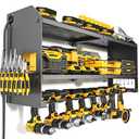 YYR Power Tool Organizer with Charging Station Wall Mount, Cordless Drill and Battery Holder for Garage Organization, Electric Tools Storage Rack Build in Surge Protection Power Strip - Black Shelf