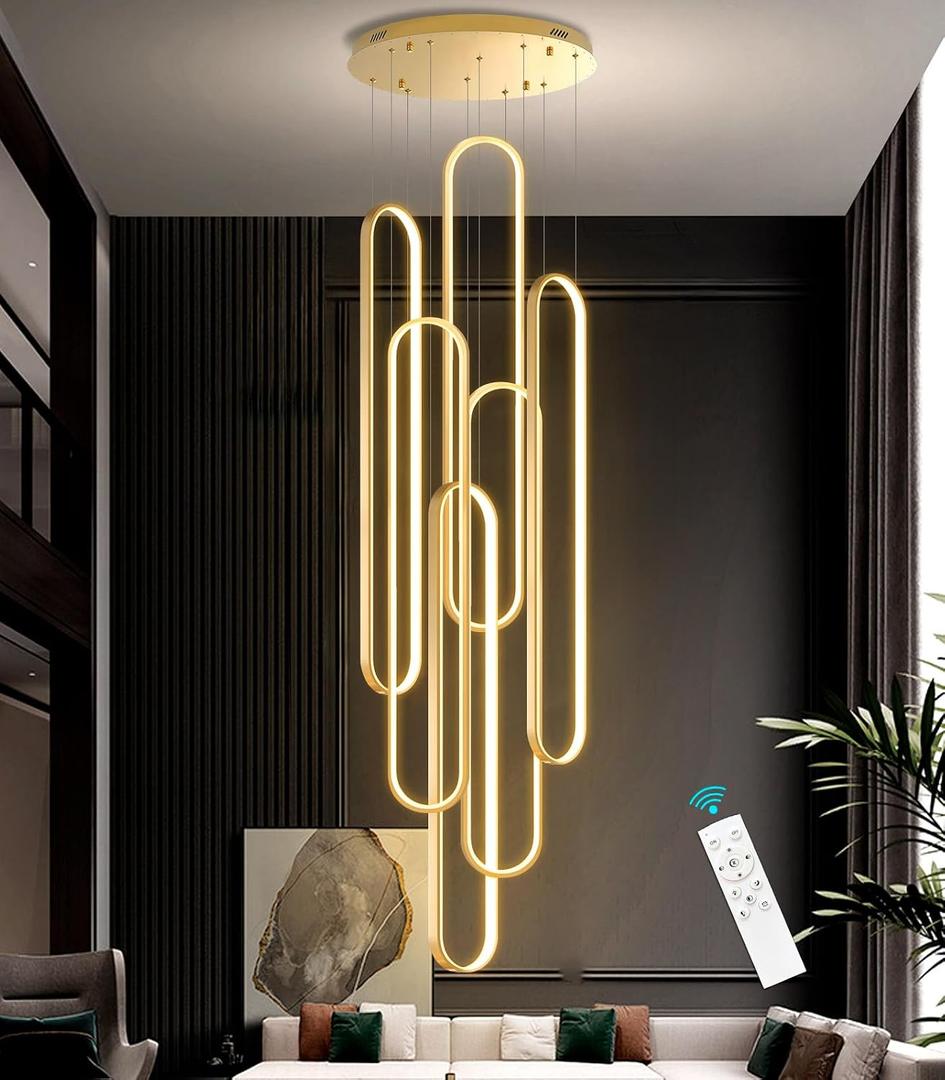6-Rings Modern Chandelier, LED Gold Large Contemporary Light for Staircase, Dimmable Flush Mount High Ceiling Chandeliers with Remote Control for Villa Foyer, 40in x 7.9in x 138in