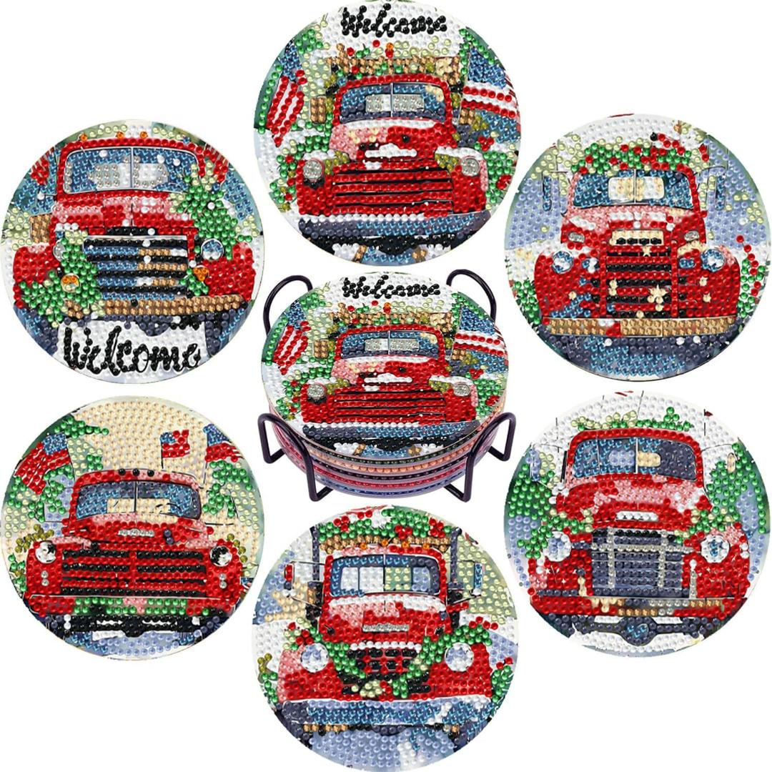 Leatrice Diamond Art Coasters Set of 6, Small Diamond Painting Kits for Adults Beginners Women, Gem Art Coasters with Holder, Funny Arts Supplies for Kitchen Decor Christmas Truck