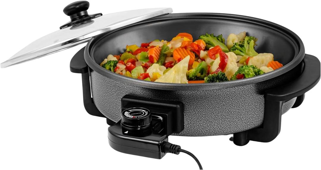 OVENTE 12 Inch Electric Skillet and Frying Pan with Nonstick Coating, 1400W Power, Adjustable Temperature Control, Tempered Glass Lid with Vent and Cool Touch Handles, Black SK11112B (12 Inch - Black)