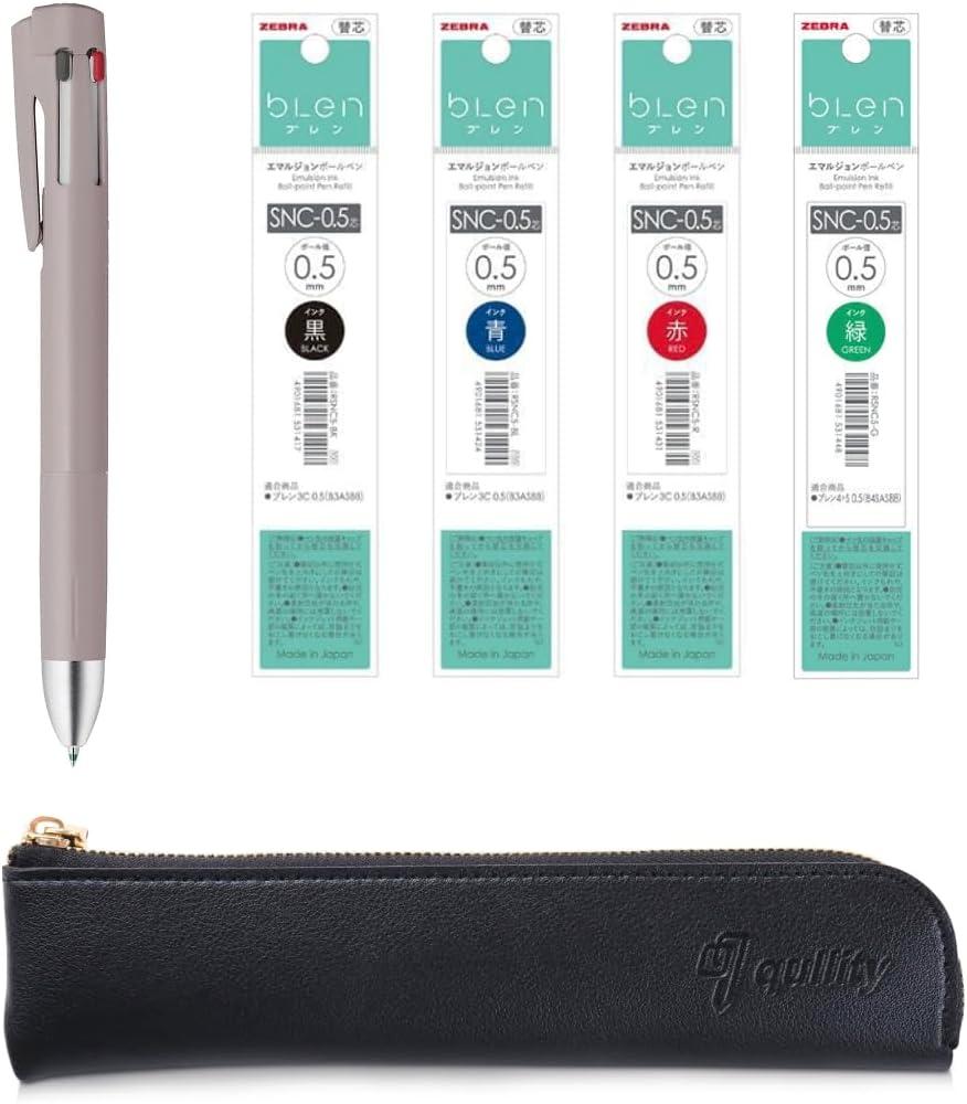 QULLITY ZEBRA Blen4+S Cocoa Brown 0.5 multifunction Pen (0.5mm Black/Blue/Red/Green and 0.5mm Mechanical Pencil) + SNC-0.5 Refills, original Black slim pen case
