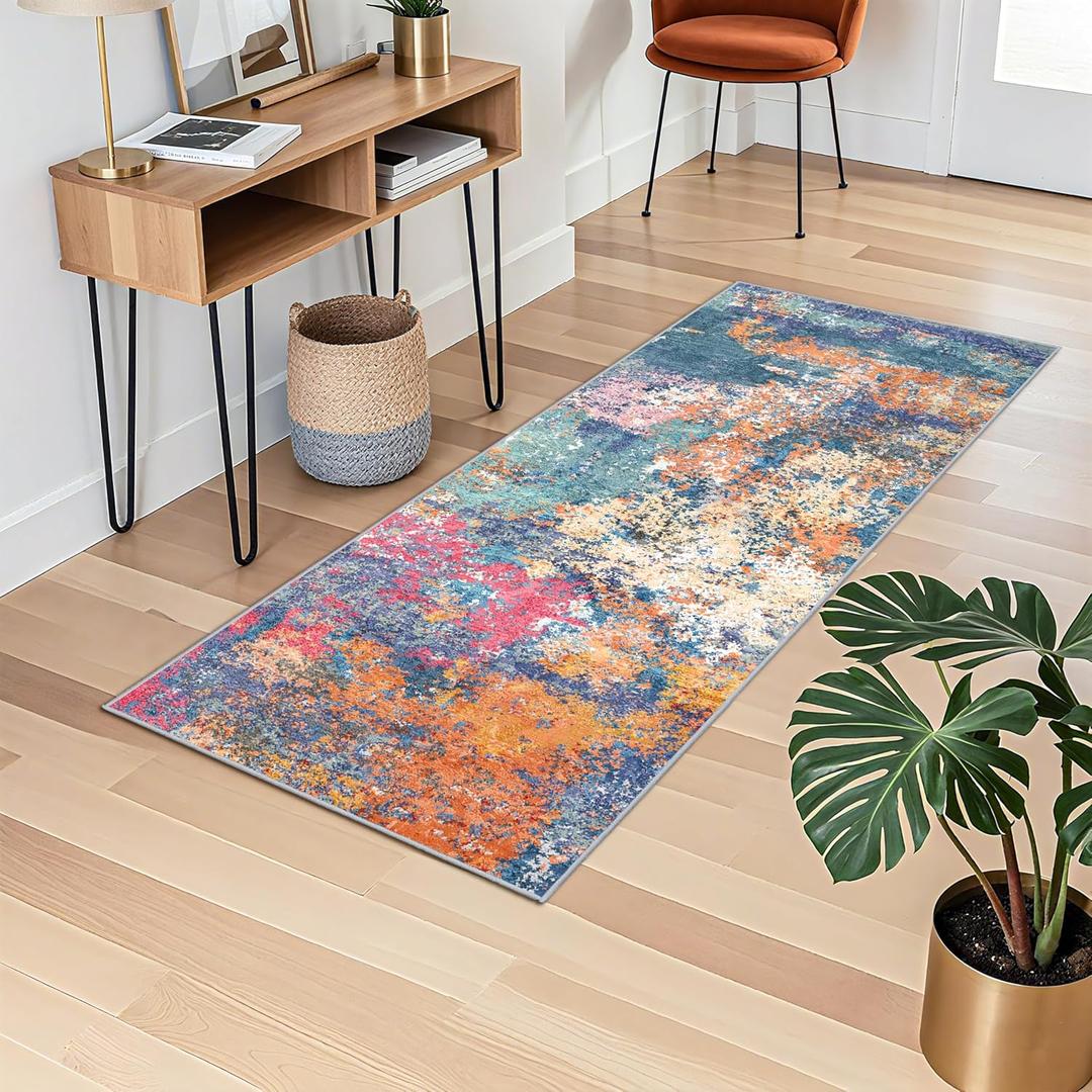 Abstract 2x5 Runner Rug for Home - Washable Hallway Rugs Modern Stain Resistant Runners for Kitchen Indoor Mat for Laundry, Bedroom Non Slip Thin Super Soft Room Decor Floor Carpet 2x5 Colorful/Multi