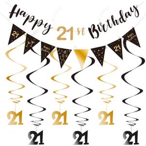 21st Birthday Decoration Kit - Happy 21st Banner Bunting Swirls Streamers, Triangle Flag Banner for Party Decorations - Black and Gold