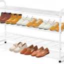 KEETDY 3-Tier Long Shoe Rack for Closet Metal Shoe Organizer for Entryway, Wide Stackable Shoe Storage Shelf with Sturdy Wire Grid for Closet Floor, Bedroom, White (11.4x43x24.4)