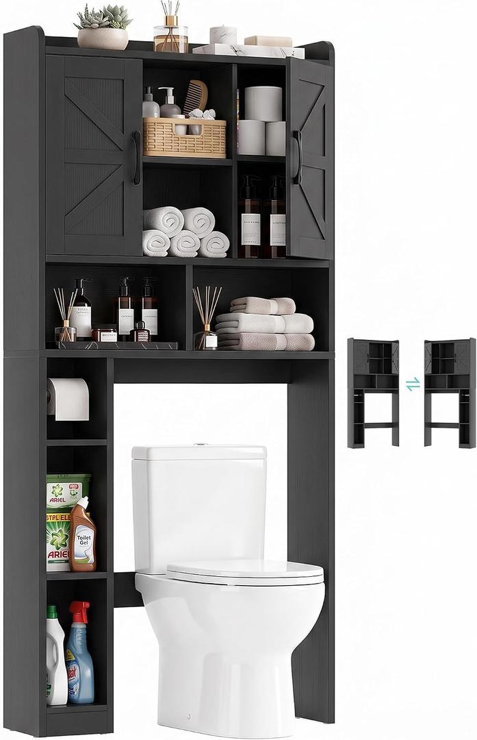 Farmhouse Over The Toilet Storage Cabinet with Barn Door, Reversible Side, 31.1" W x 7.5" D x 66.9" H