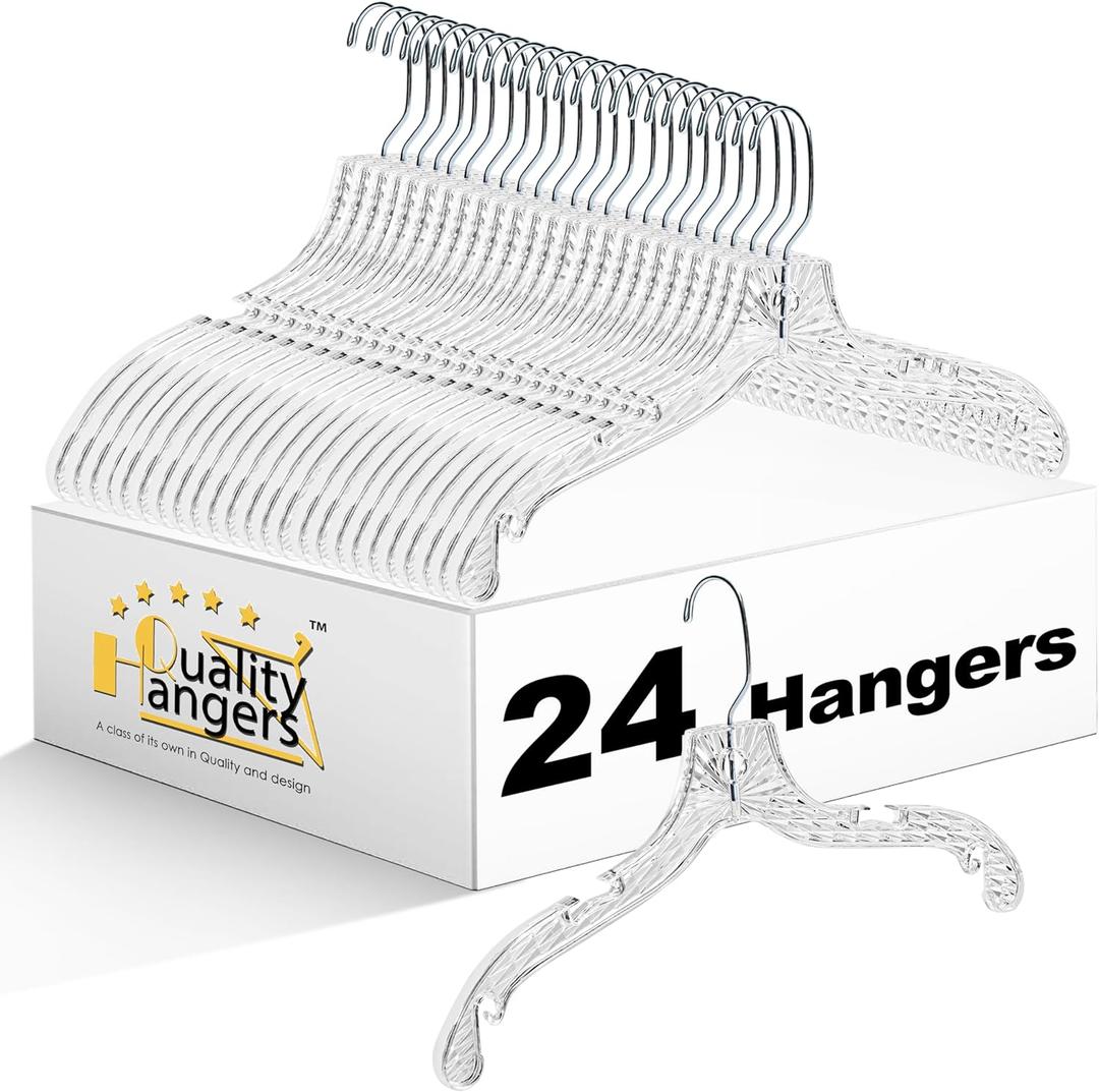 Quality Hangers 24 Pack Clear Plastic Hangers with Super Easy 360 Degree Swivel Hook  Shirt Hangers with Precision Notches for Secure Hanging  Slim Crystal Coat Hangers  17 Inches (24, 17")