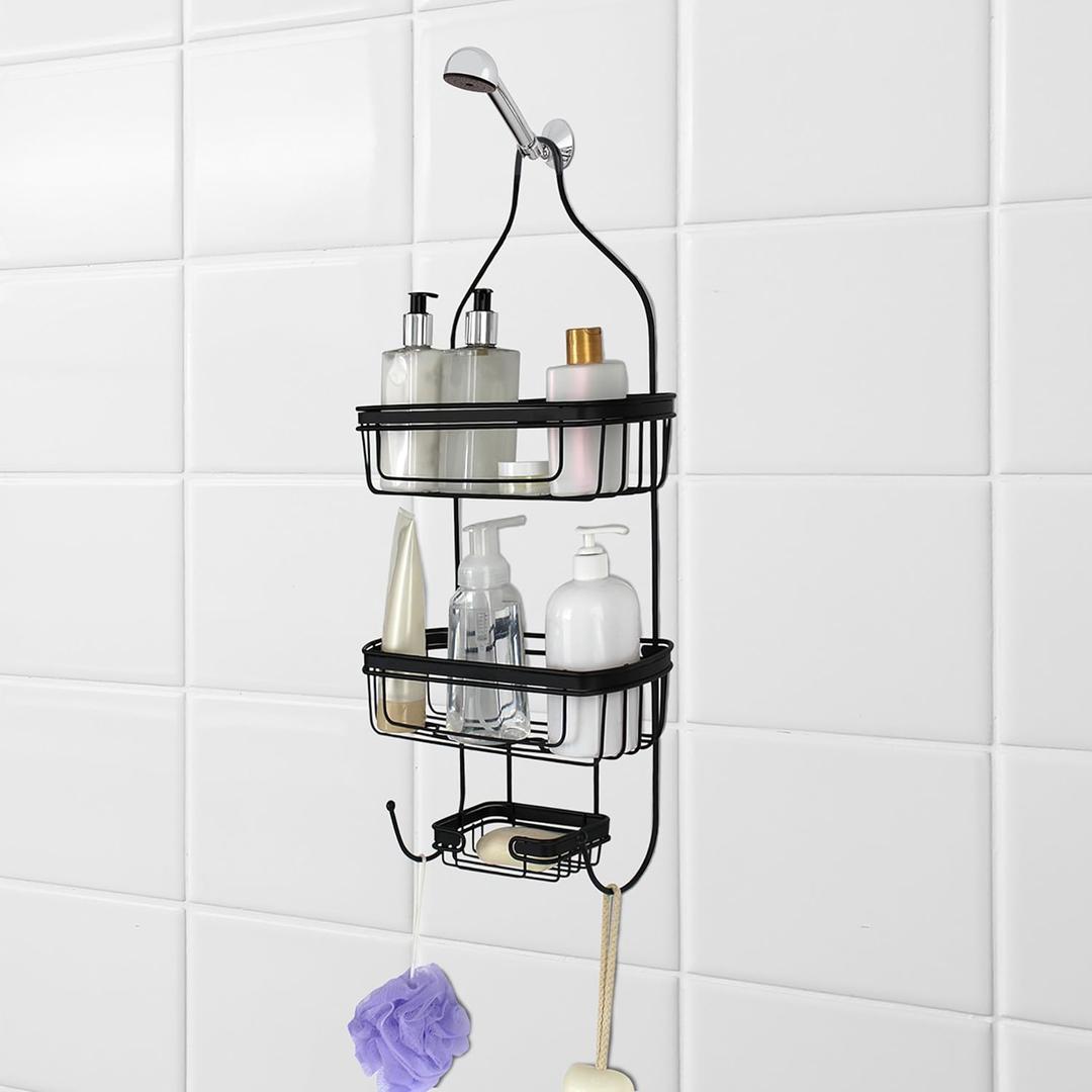 Splash Home Bathroom Door or Hanging from Shower Head Caddy with Two Basket Organizers Plus Dish for Storage Shelves for Shampoo, Conditioner Soaps, 24 x 15 x 12 Inches Black