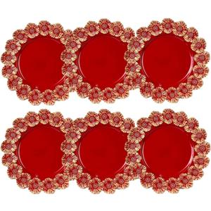 Red Charger Plates with Flower Rim, 13" Round Charger for Dinner Plates, Set of 6 Plastic Plate Chargers for Halloween, Thanksgivng, Christmas