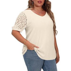 OLRIK Plus Size Tops for Women Summer Blouse Waffle Knit Short Lace Sleeve Shirts (XL)