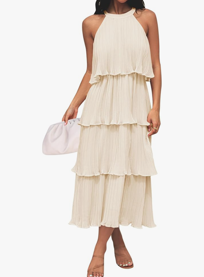 ZESICA Women's 2025 Summer Sleeveless Halter Neck Ruffle Tiered Layed Chiffon Flowy Swing Long Midi Dress, Size M .