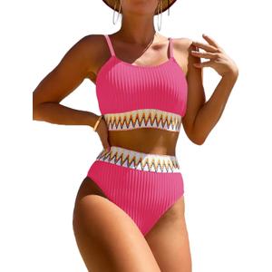 Women's High Waisted Swimsuit Two Piece Ribbed Bikini Sets Crop Top High Cut Cheeky Bathing Suits (X-Large)