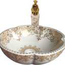 Vessel Bathroom Sink Flower Shape Design Porcelain Above Counter Sink for Bar and Cloakroom Chinese Vanity Bowl (Gold)
