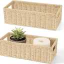 2 Pack Paper Rope Wicker Baskets with Handles, Storage Wicke Baskets for Shelves Organizing, Natural Color Toilet Basket Tank Topper, Small Woven Baskets for Storage, 14.17x6.1x4.72in