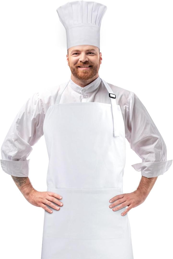 Chef Apron and Hat set, 2 Pockets Adjustable Cotton Kitchen Cooking Bib Apron, Baker Costume for Men Women (White)