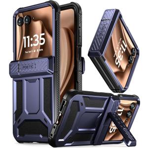 Poetic Spartan Case for Motorola Moto Razr + Plus 2024/Moto Razr+ Plus 2025,[Kickstand][Hinge Protection], Full-Body Rugged Shockproof Protective Cover with Kickstand, Metallic Blue