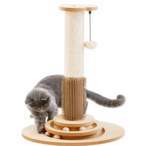 Made4Pets Cat Scratching Post, 23" Tall Sisal Cat Scratcher Post with Self Groomer, 4in1 Interactive Trackball Toys with Hair Brush, Vertical Cat Climbing Tree with Dangling Plush Balls