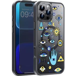 FUNMIKO for iPhone 16 Pro Max Case with Privacy Screen Protector, Wireless Charging Compatible, Shockproof Translucent Matte Cover - Cute Floral Design Phone Case for Women Girls - Charming Eyes