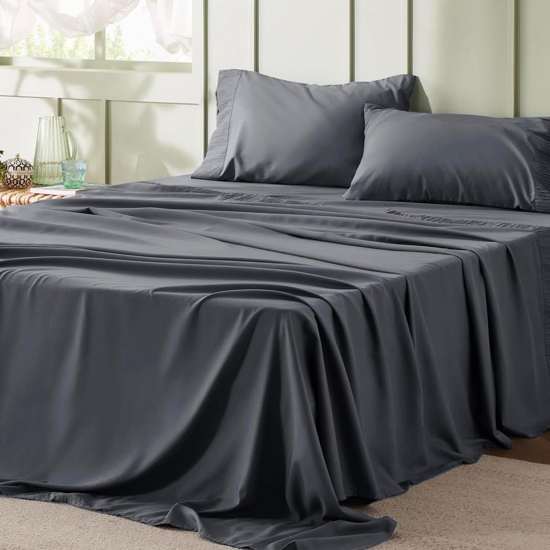 Bedsure Full Size Bed Sheets - 4 Pieces Soft Full Sheet Set - Breathable & Cooling - Hotel Luxury - Easy Care Polyester Microfiber Bedding for Women, Men, Dark Grey (01 - Dark Grey)